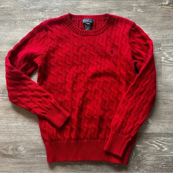 Polo by Ralph Lauren Red Cable Crew Red Sweater Boy’s Size Large  (14-16) - Picture 2 of 5